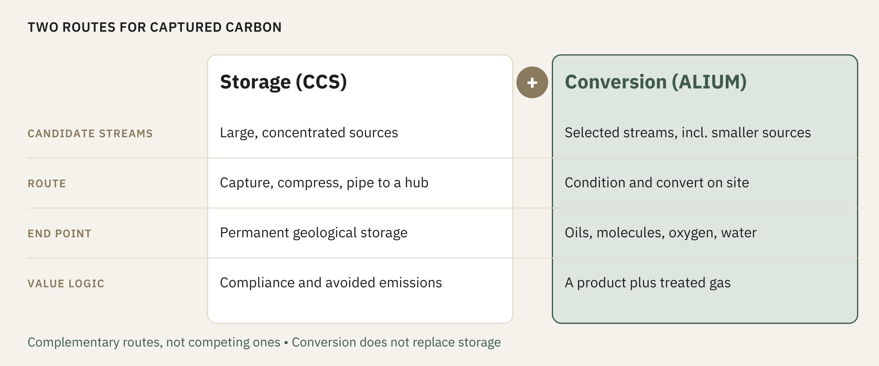Two complementary routes. Storage captures, compresses and transports CO₂ for permanent geological storage. Conversion conditions and converts selected streams on site, with potential outputs including oils, molecules, oxygen and water. Product use and net climate benefit require separate assessment.