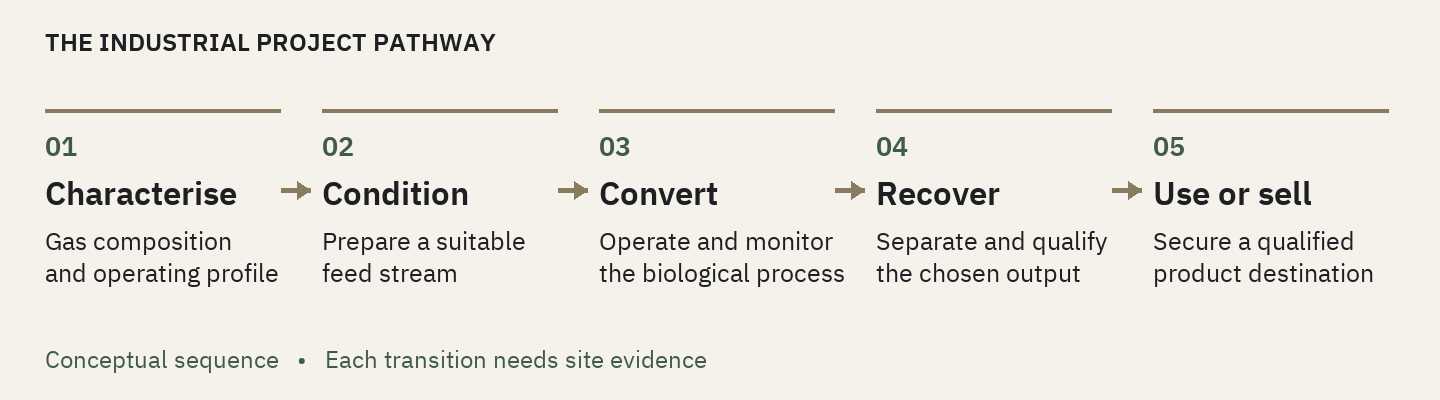 The industrial project pathway has five stages: characterise gas composition and operating profile; condition the feed stream; operate and monitor biological conversion; recover and qualify the selected output; secure a qualified destination for sale or use. Every transition requires site evidence.